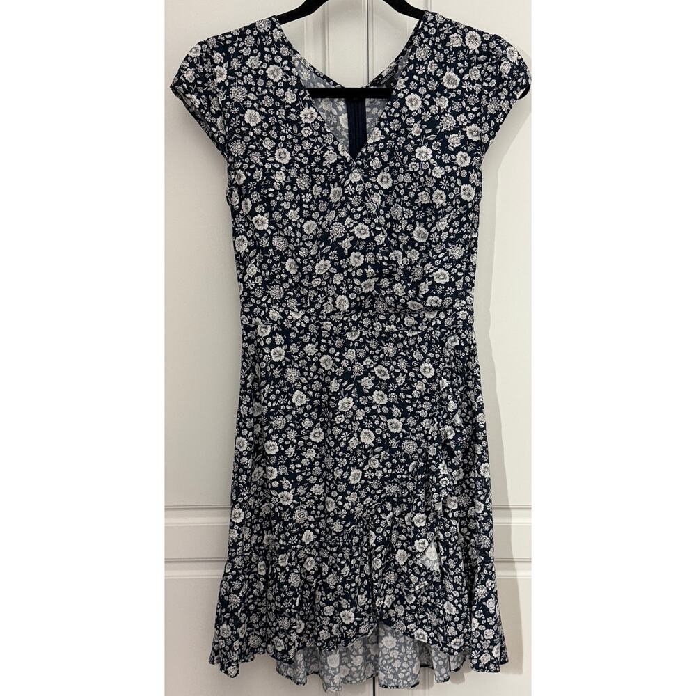 J. Crew Mercantile Blue White Floral Faux Wrap Dress Ruffle Hem Size 0